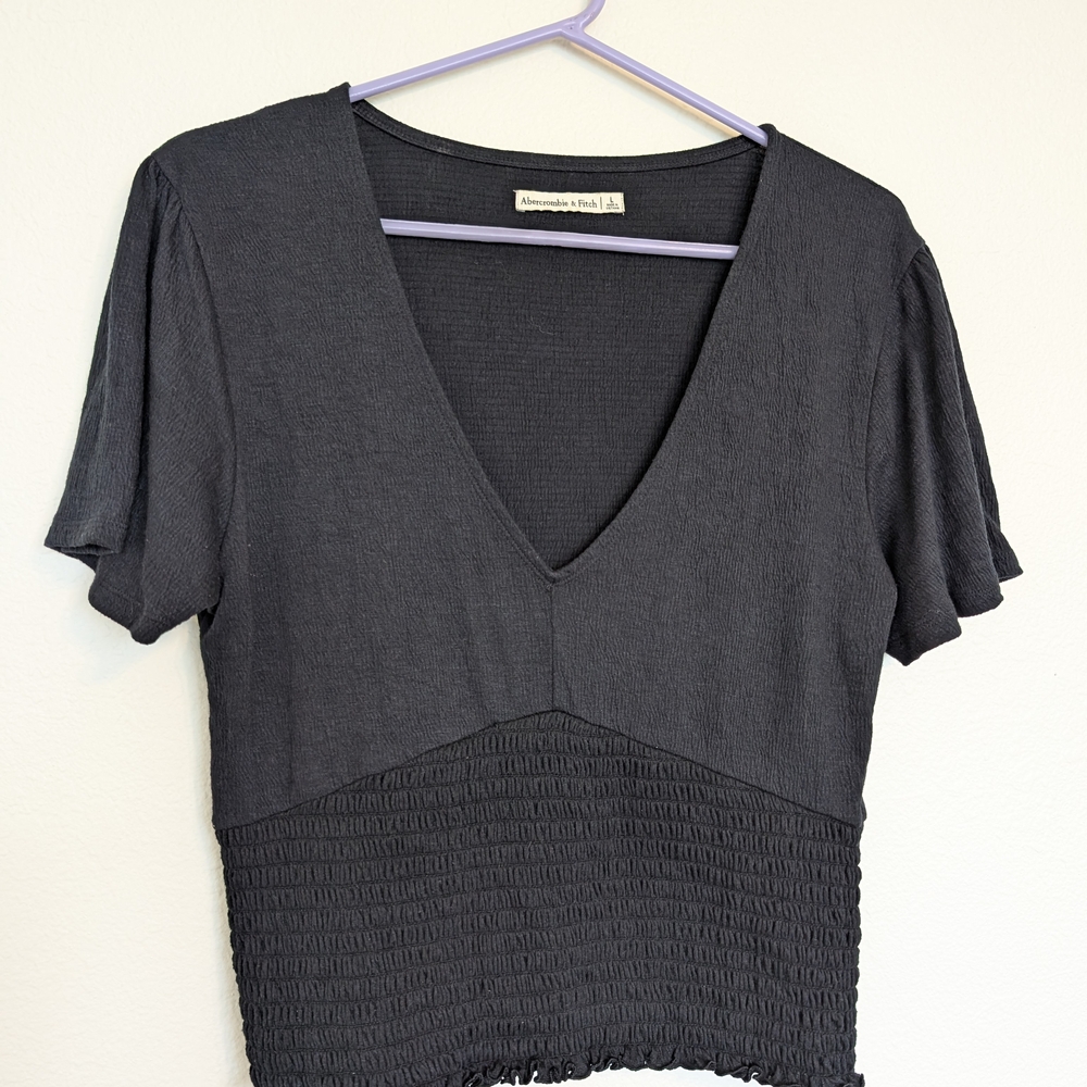 Black V-Neck Smocked Top